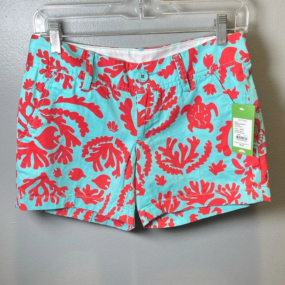 Lilly Pulitzer NEW Don’t be Shellfish Callahan Aqua Coral Turtle Shorts Size‎ 0